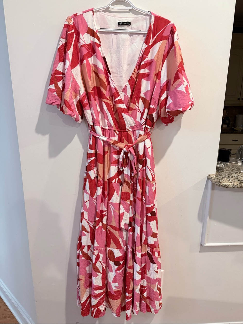 Floral Pink & Red Wrap Midi Dress by PrettyGarden